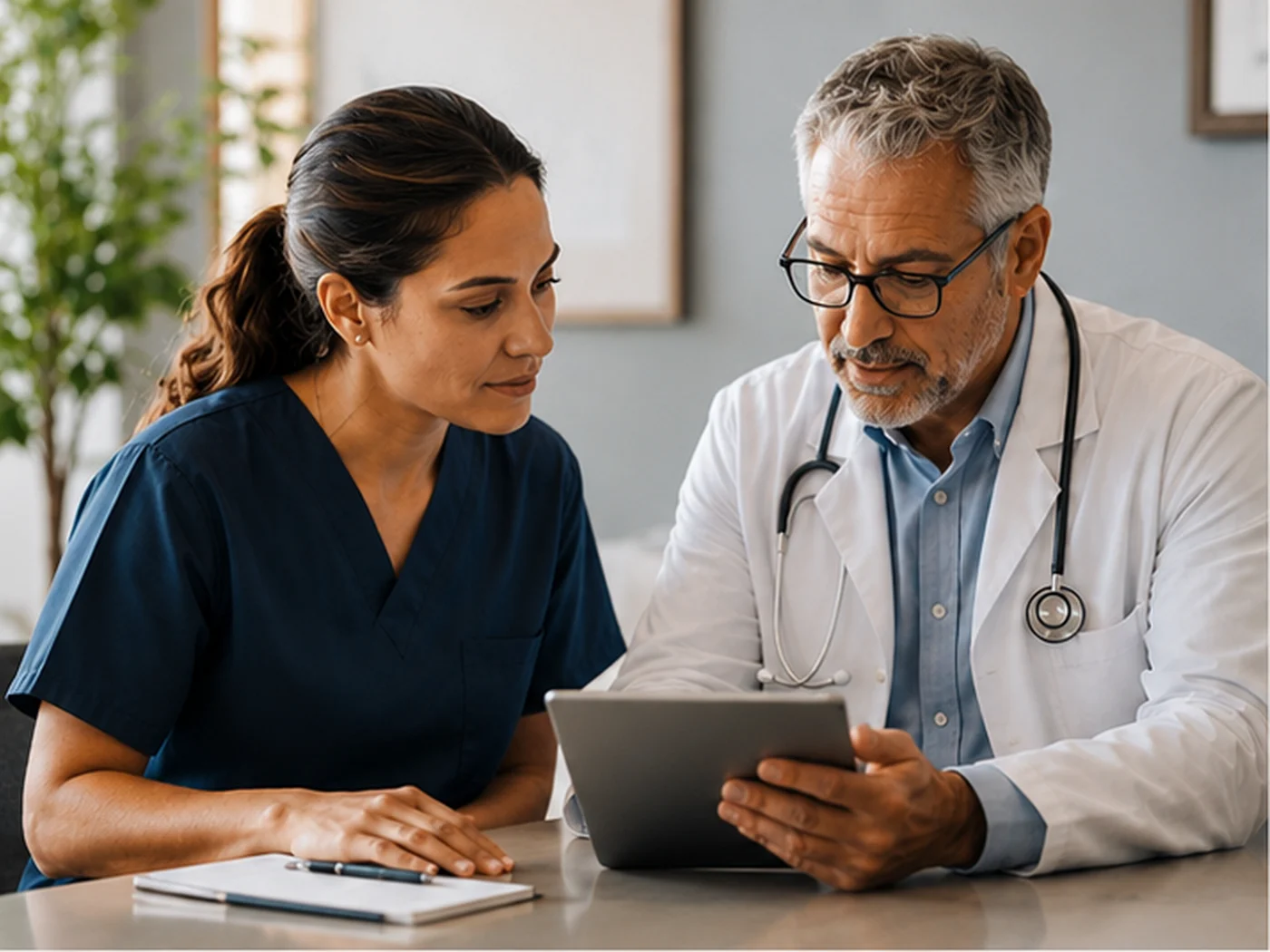A physician and a nurse reviewing patient information together on a tablet
